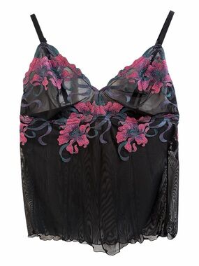 CACIQUE CAMISOLE / TOP, Womenโs 14/16, Black & Floral Sheer Camisole, Excellent